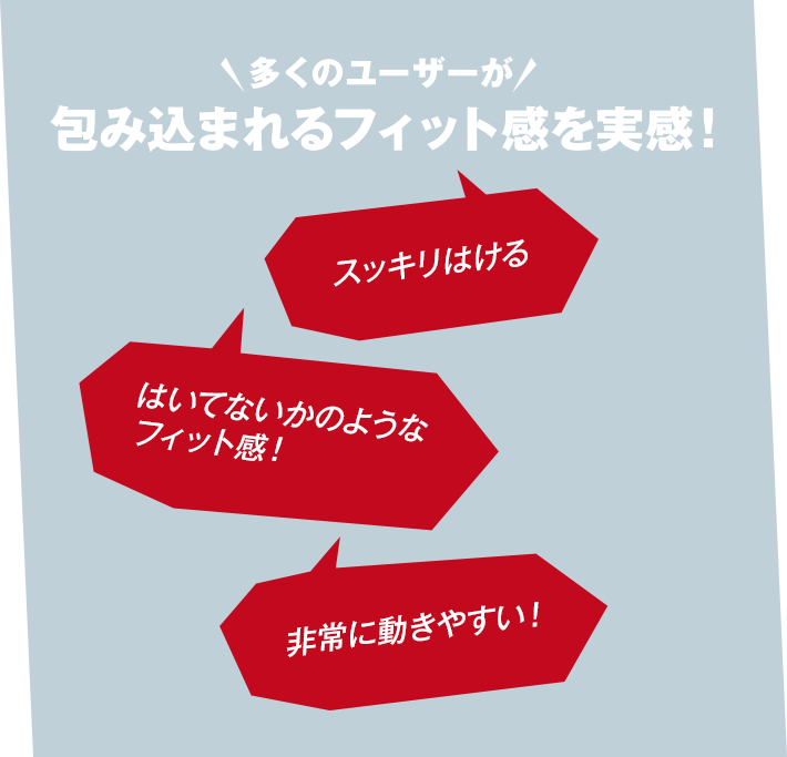 多くのユーザーが包み込まれるフィット感を実感！ はいてないかのようなフィット感！ スッキリはける 非常に動きやすい！