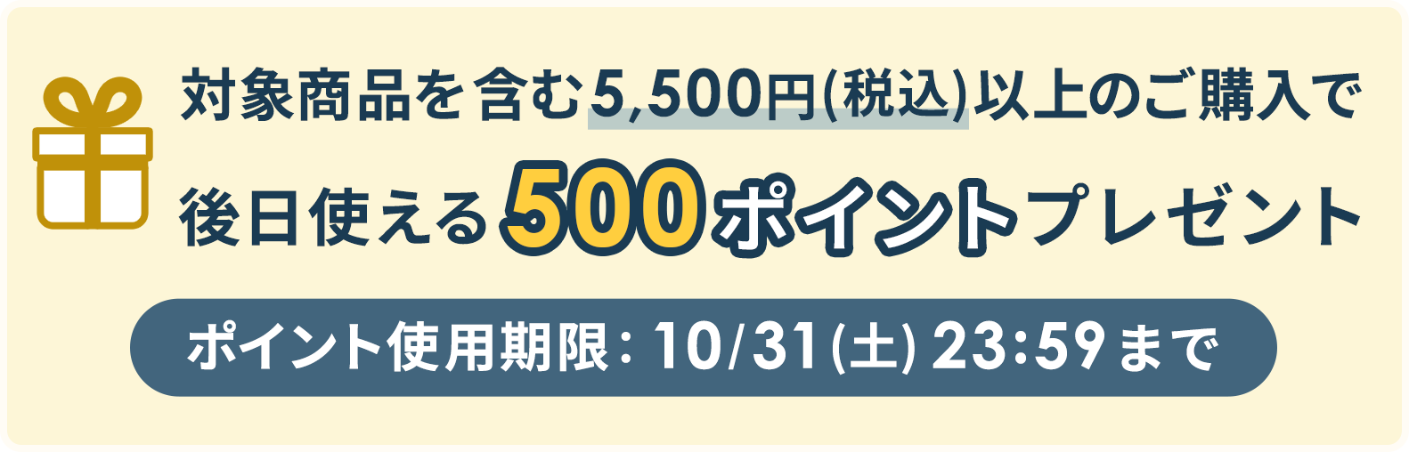 対象商品を含む5,500円(税込)以上のご購入で後日使える500ポイントプレゼント