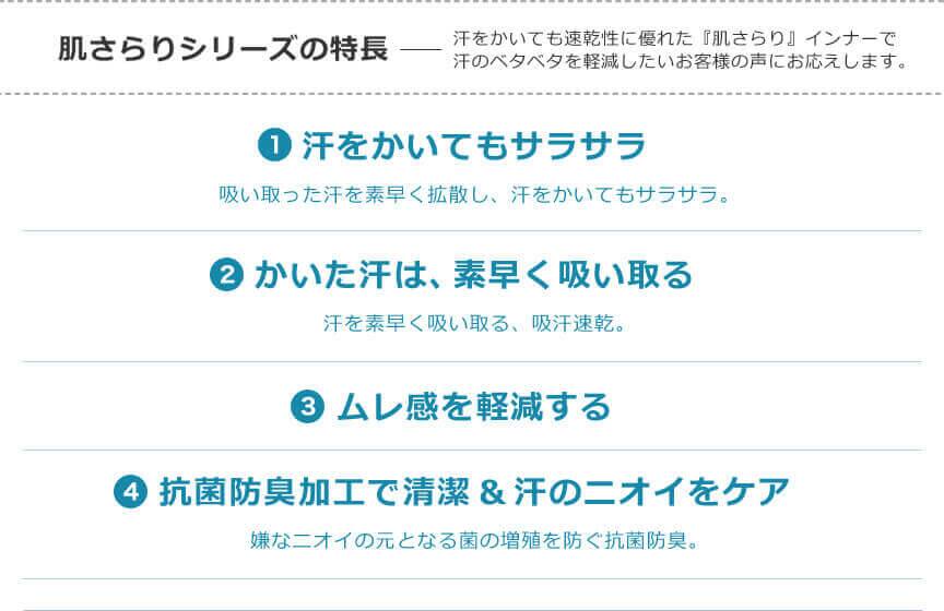 肌さらりシリーズの特長 汗をかいても速乾性に優れた『肌さらり』インナーで汗のベタベタを軽減したいお客様の声にお応えします。