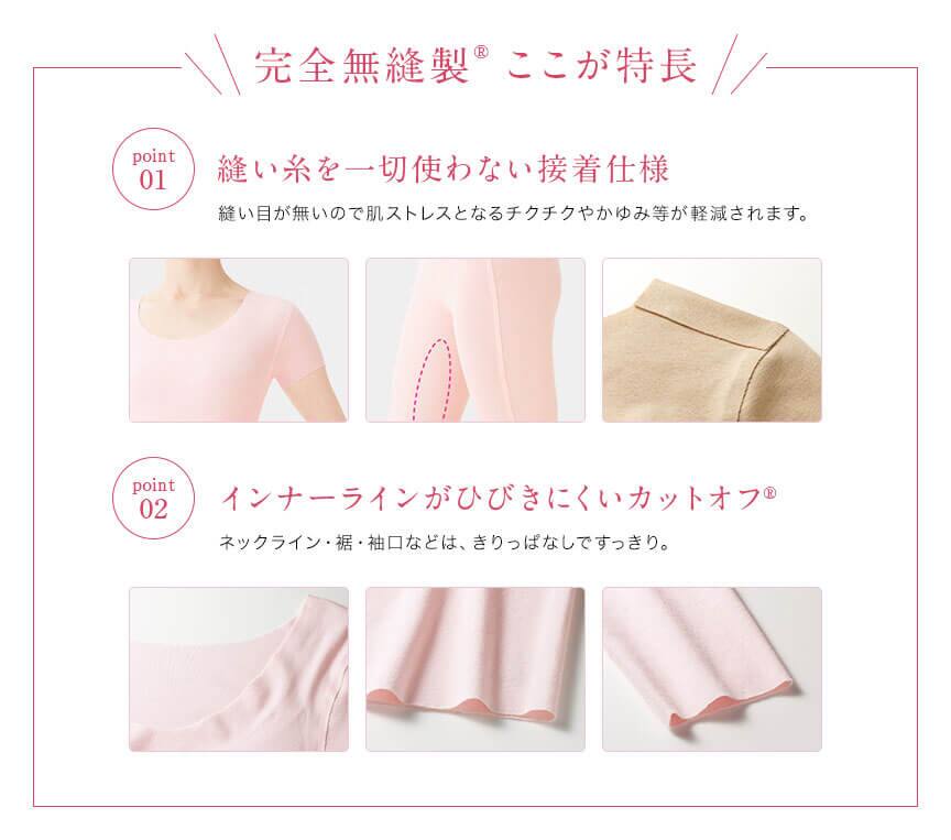 完全無縫製? ここが特長 1.縫い糸を一切使わない接着仕様 2.インナーラインがひびきにくいカットオフ?
