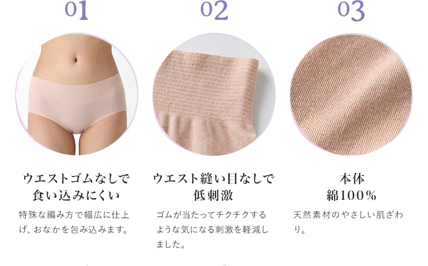 01.ウエストゴムなしで食い込みにくい 02.ウエスト縫い目なしで低刺激 03.本体綿100%