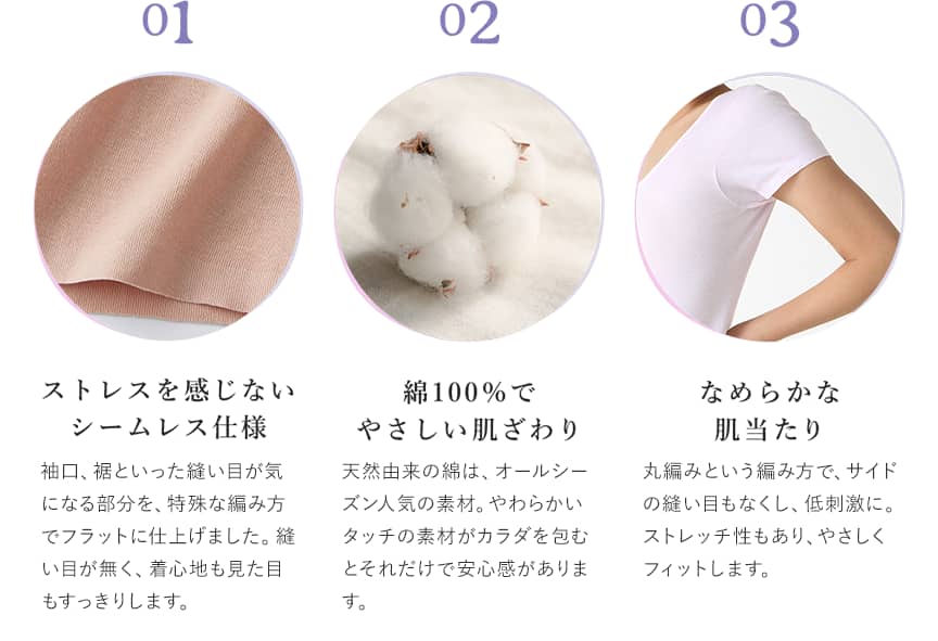 01.ストレスを感じないシームレス仕様 02.綿100%でやさしい肌ざわり 03.なめらかな肌当たり