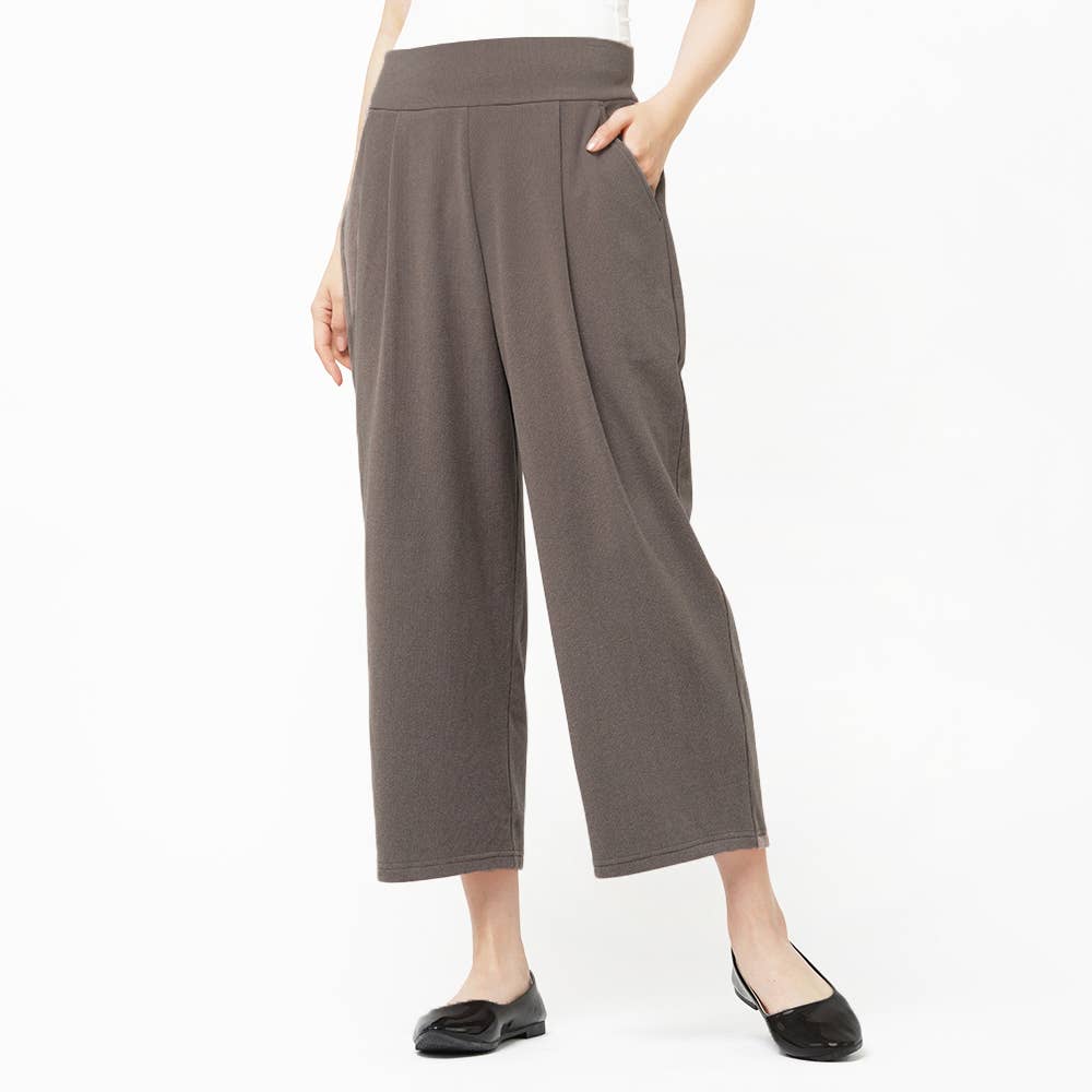 裏起毛 ウエスト楽ちんリブ風ニットワイドパンツ レディース Sale レディース