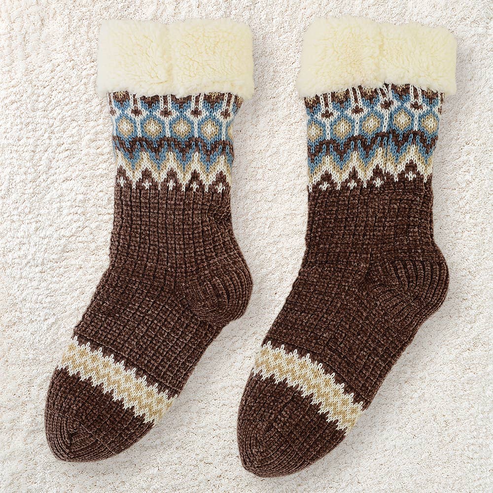 【裏ボア】ノルディック柄クルー丈ルームソックス【SALE】 AUS621 ブラウン