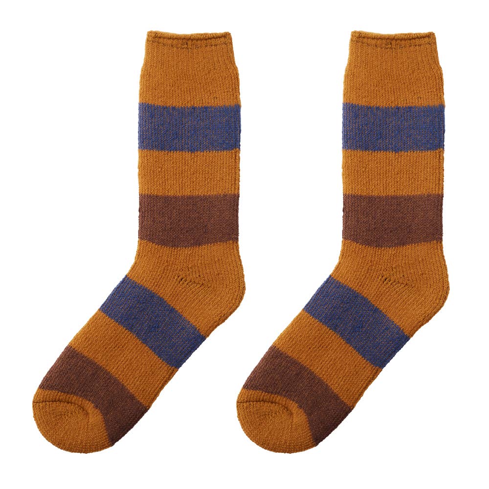 【裏起毛】ボーダー柄ロング丈ルームソックス【SALE】 AUU152 カラシ