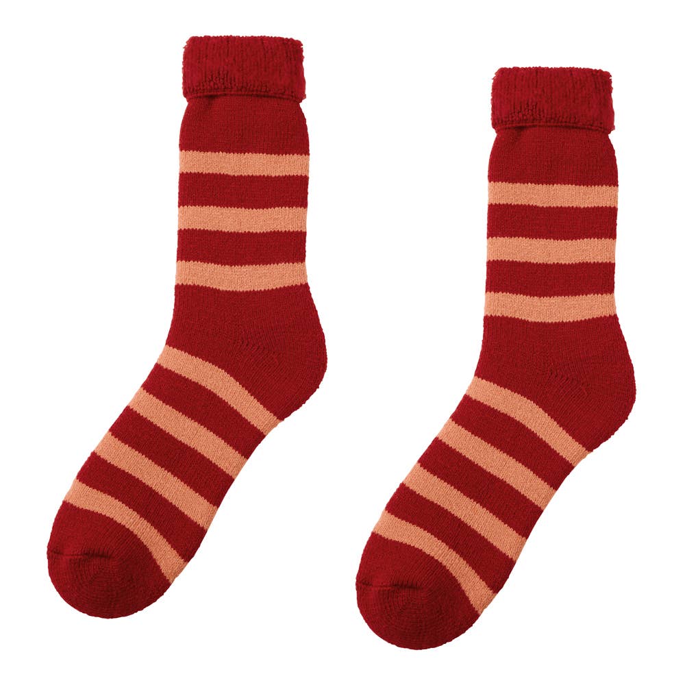 メンズ【裏起毛】クルー丈ボーダー柄ルームソックス【SALE】 AUW122 レッド