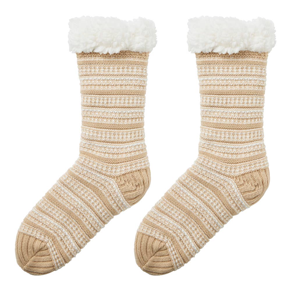 【裏ボア】ボーダー柄クルー丈ルームソックス【SALE】 AUW634 ベージュ