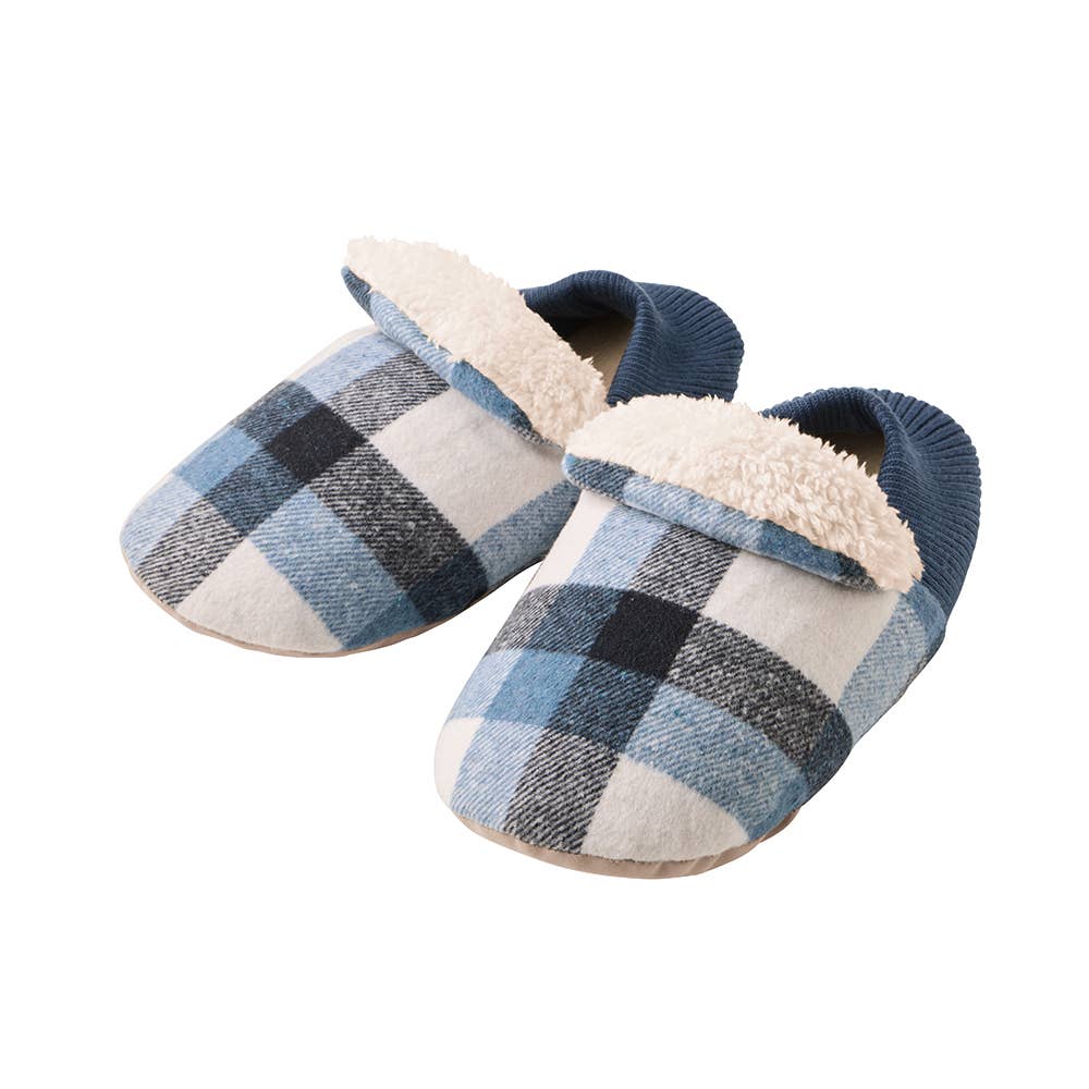 【バウンドヒーター】ルームシューズ バブーシュタイプ チェック柄 AUY003 ブルー