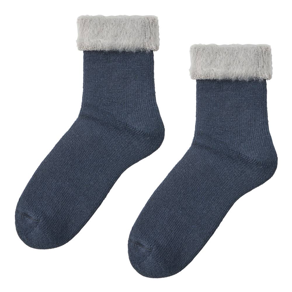 【裏起毛】履き口折り返しルームソックス クルー丈 AUY122 ネービー