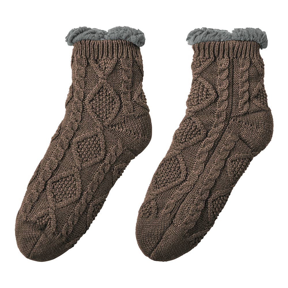 【極厚・内側ボア】ルームソックス ショート丈 ケーブル柄 AUY141 チョコブラウン
