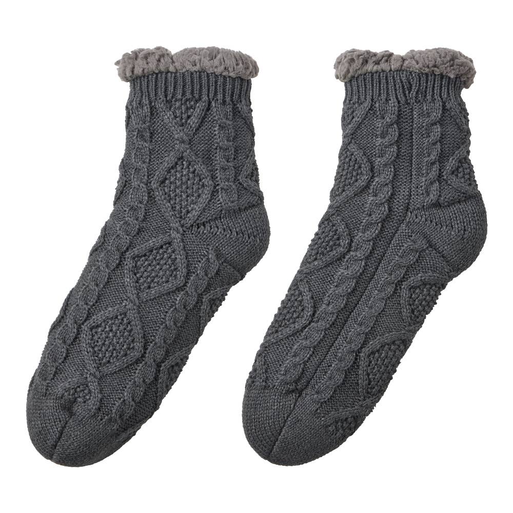 【極厚・内側ボア】ルームソックス ショート丈 ケーブル柄 AUY141 チャコールグレー