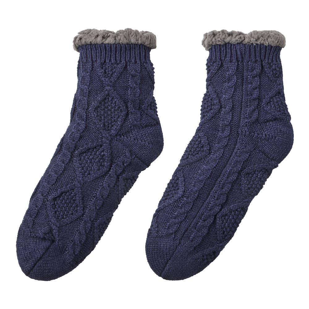 【極厚・内側ボア】ルームソックス ショート丈 ケーブル柄 AUY141 ネービー
