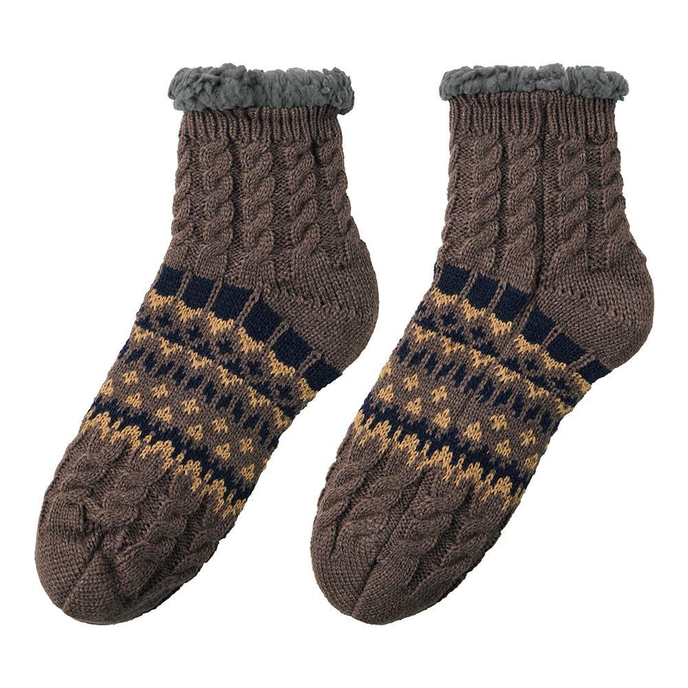 【極厚・内側ボア】ルームソックス ショート丈 ノルディック柄 AUY142 チョコブラウン