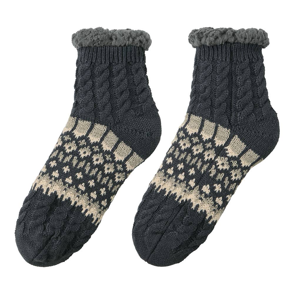 【極厚・内側ボア】ルームソックス ショート丈 ノルディック柄 AUY142 チャコールグレー
