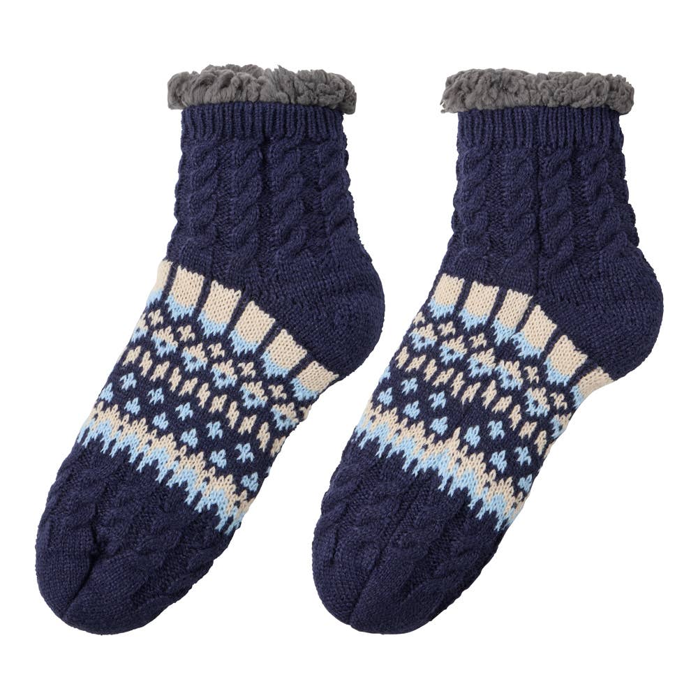 【極厚・内側ボア】ルームソックス ショート丈 ノルディック柄 AUY142 ネービー