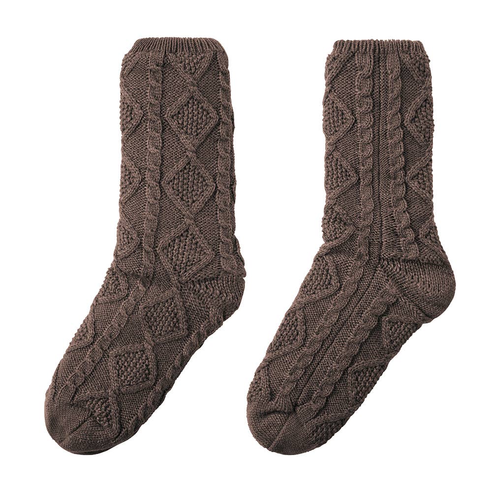 【極厚・内側ボア】ルームソックス クルー丈 ケーブル柄 AUY143 チョコブラウン