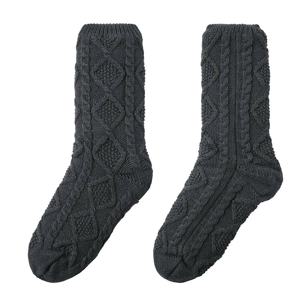 【極厚・内側ボア】ルームソックス クルー丈 ケーブル柄 AUY143 チャコールグレー