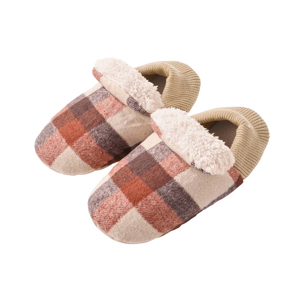 【バウンドヒーター】ルームシューズ バブーシュタイプ チェック柄 AUY503 ダークレッド