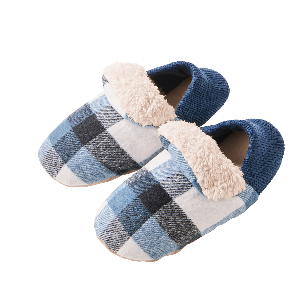 【バウンドヒーター】ルームシューズ バブーシュタイプ チェック柄 AUY503 ブルー