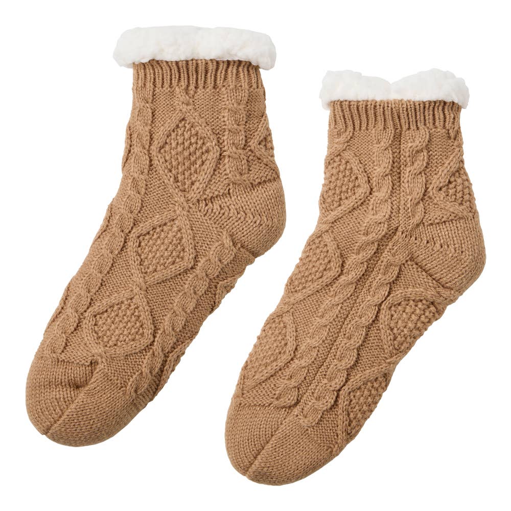 【極厚・内側ボア】ルームソックス ショートクルー丈 ケーブル柄 AUY641 ダークベージュ