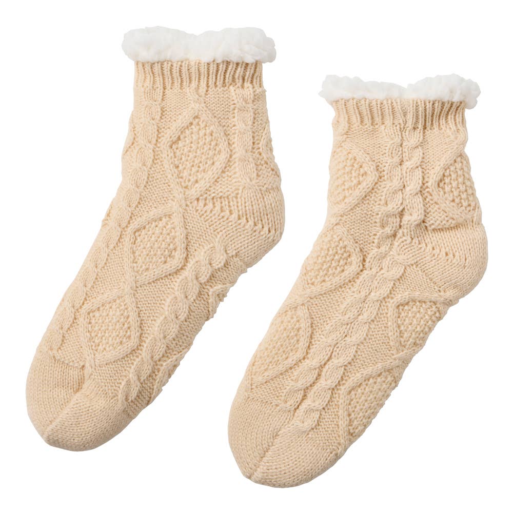 【極厚・内側ボア】ルームソックス ショートクルー丈 ケーブル柄 AUY641 オフホワイト