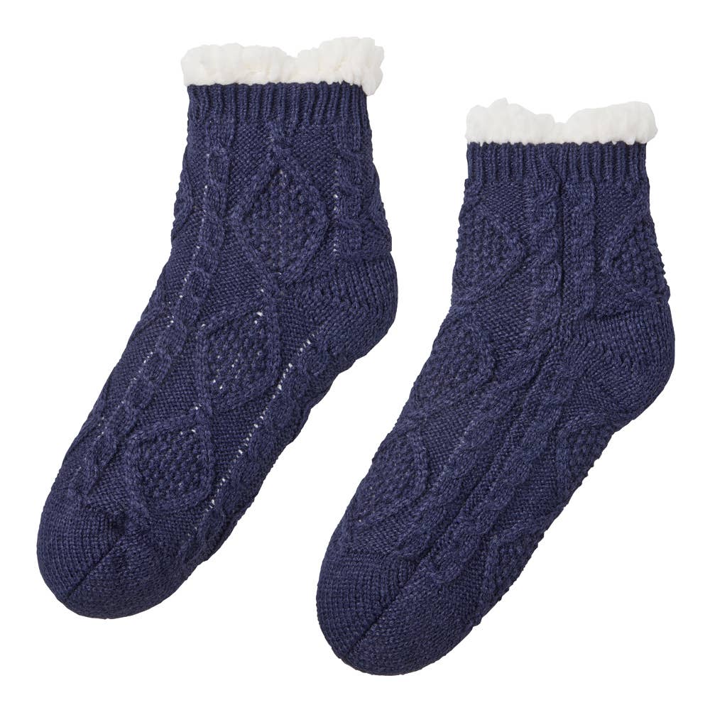 【極厚・内側ボア】ルームソックス ショートクルー丈 ケーブル柄 AUY641 ネービー