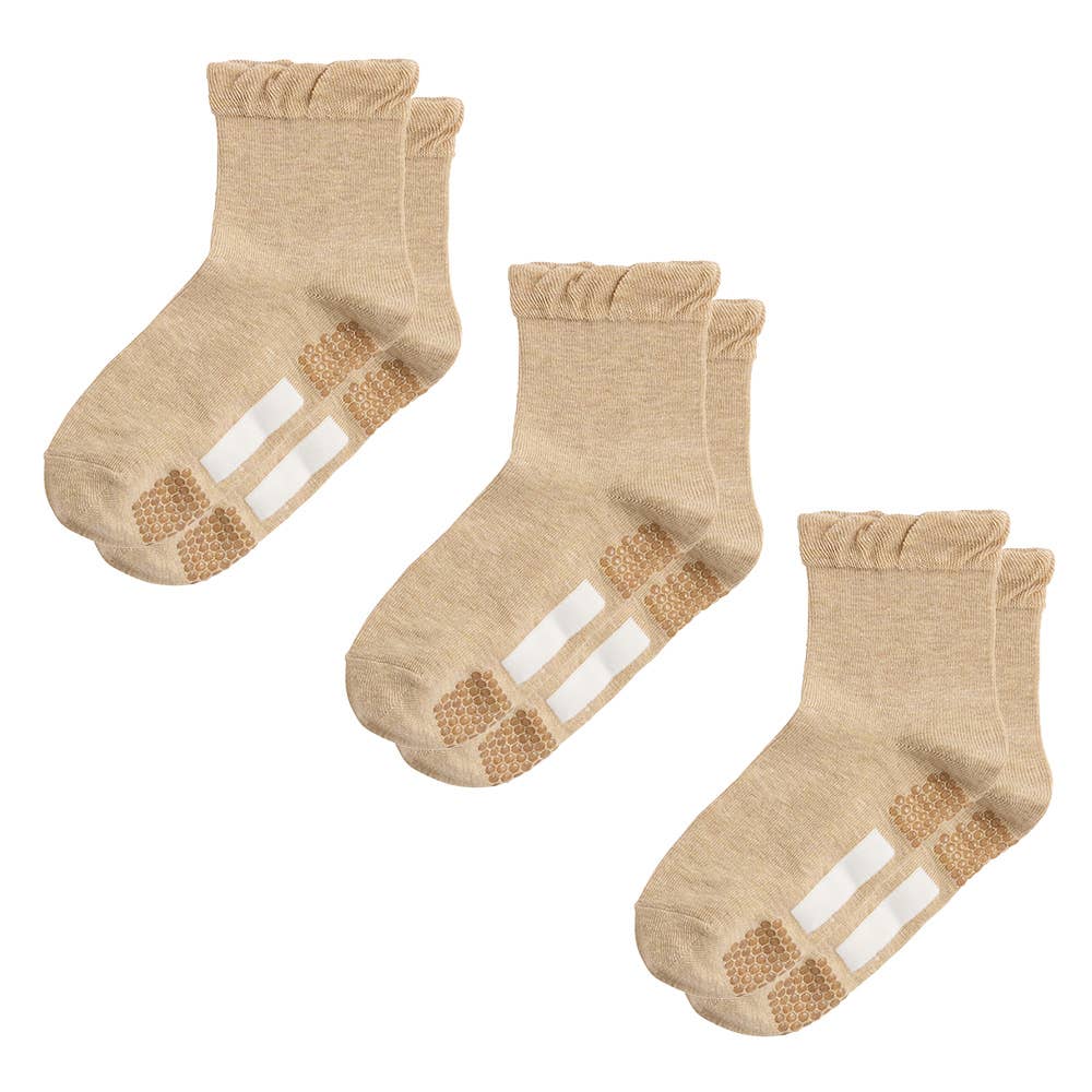 ネット限定3足セット【シニア向け】履きくちフリルゆったり靴下 GQY753 モクベージュ