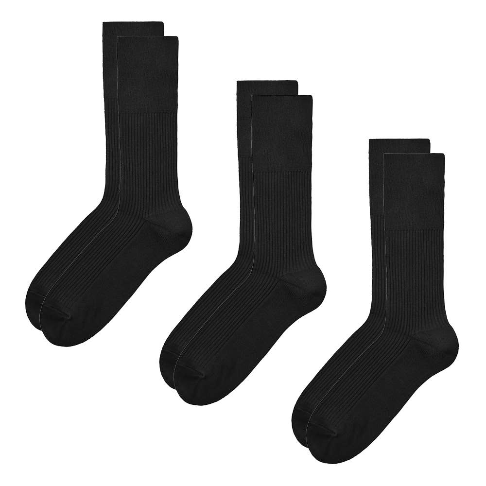 【ネット限定3足組】暖か綿混ソックス クルー丈 リブ柄 HGY091 ブラック