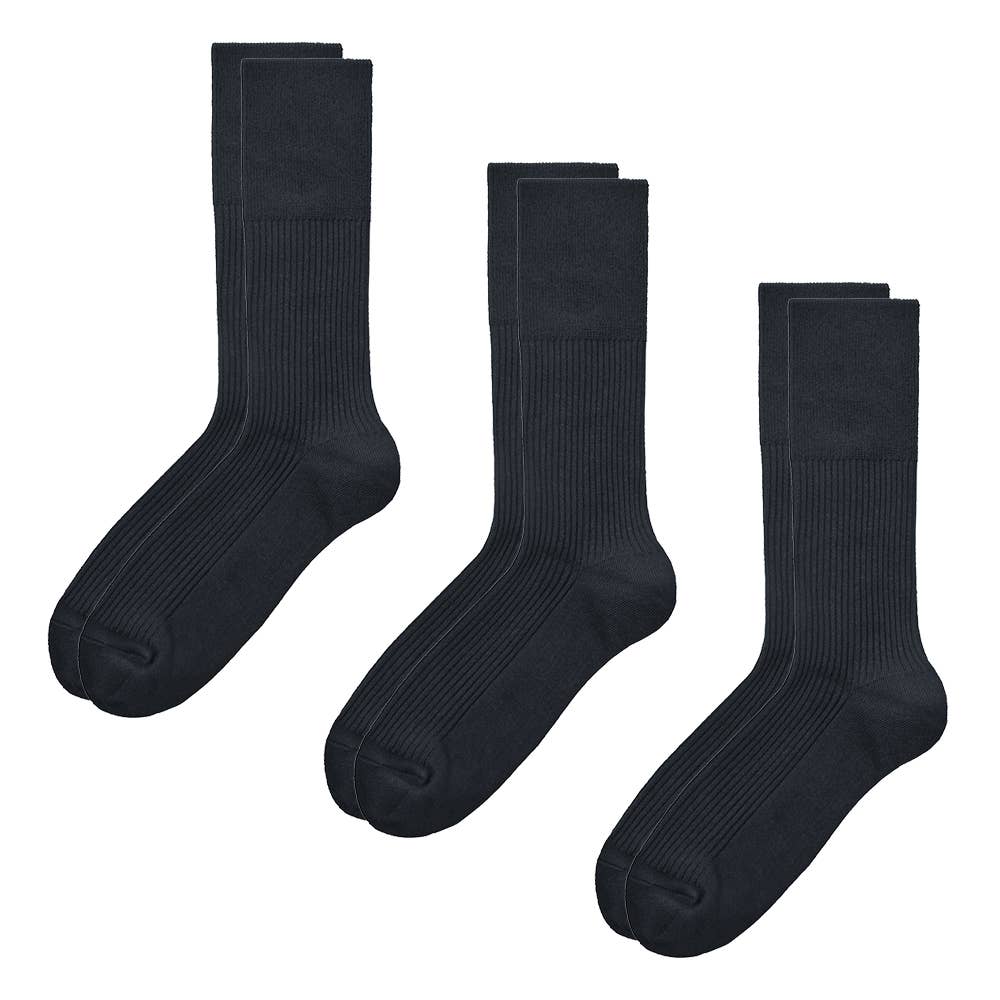 【ネット限定3足組】暖か綿混ソックス クルー丈 リブ柄 HGY091 ブラックネービー