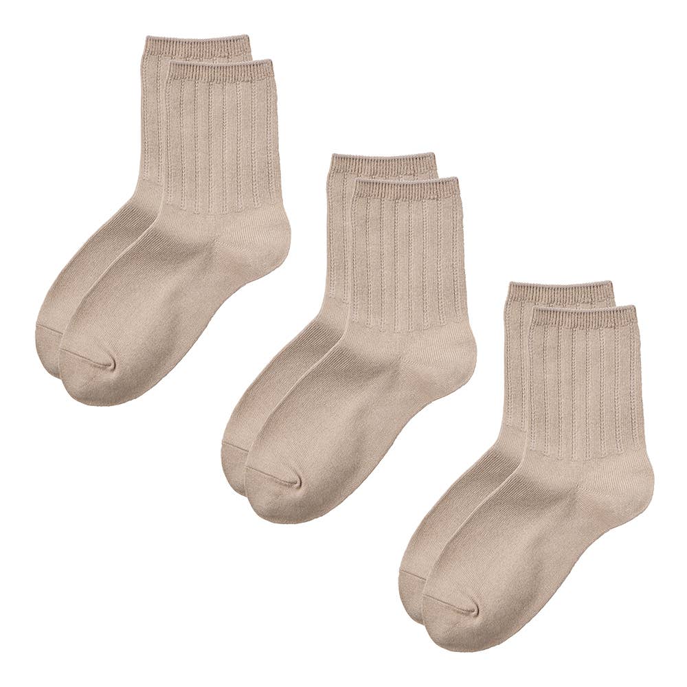 ネット限定3足セット【暖か綿混】無地クルー丈靴下 HGY591 モクベージュ