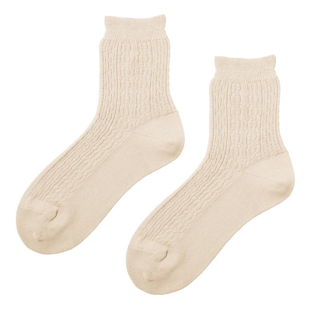 【綿混】ダイヤ柄クルー丈ソックス LA2501 アイボリー