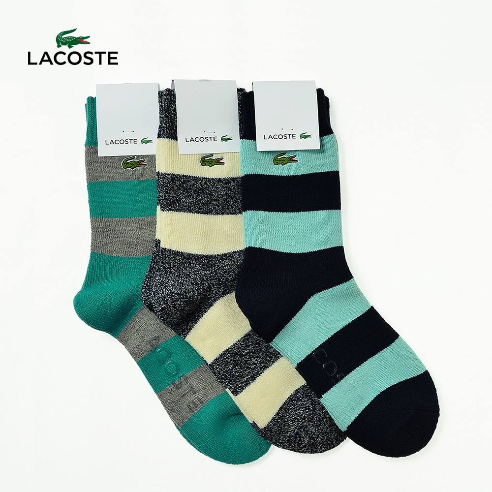 ＜GUNZE グンゼ＞ レディース LACOSTE（ラコステ） ウール混内側パイル編ボーダー柄クルー丈ソックス（メンズ） モクネービー 25-27