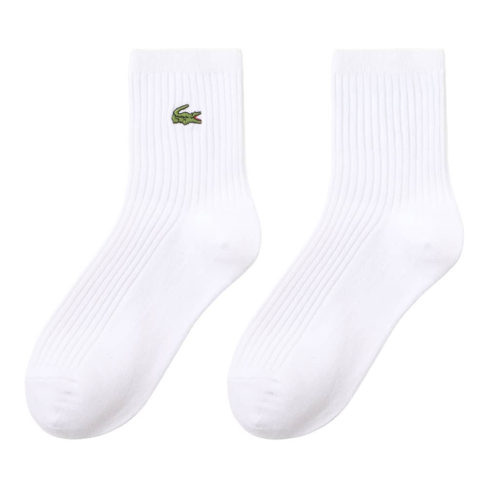 【綿混】ロゴ刺繍ソックス クルー丈 リブ柄 LTZ601 ホワイト