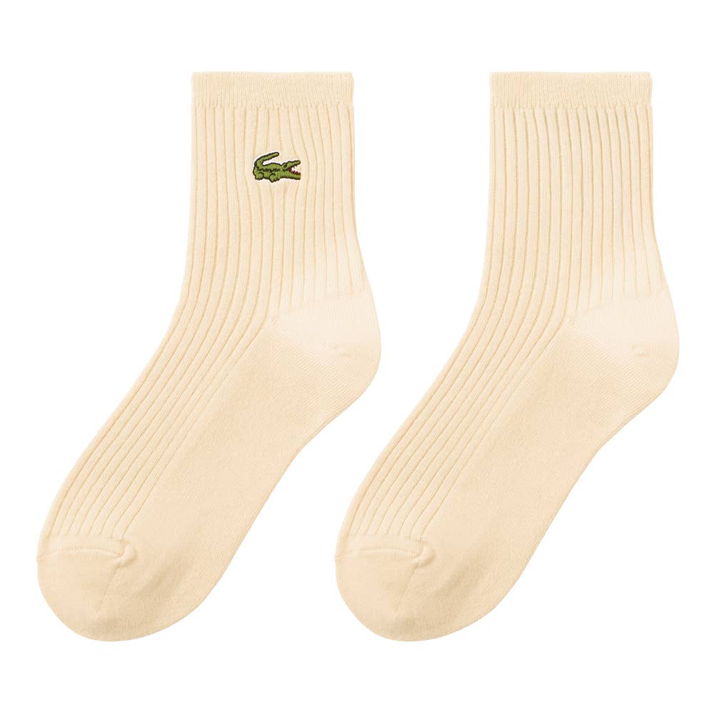 【綿混】ロゴ刺繍ソックス クルー丈 リブ柄 LTZ601 キナリ