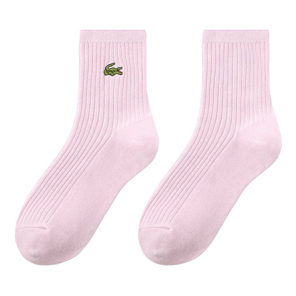 【綿混】ロゴ刺繍ソックス クルー丈 リブ柄 LTZ601 ライトピンク