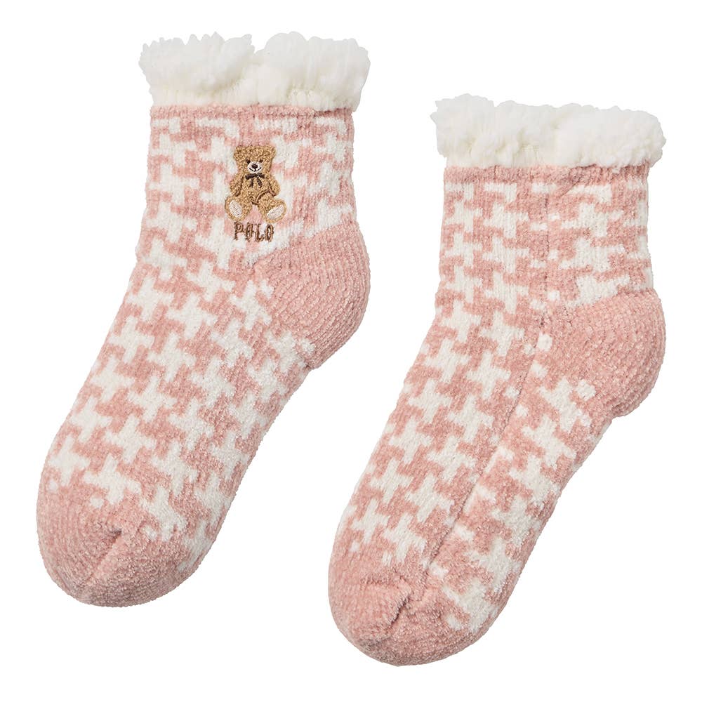 【裏ボア】ふわふわ千鳥格子柄ルームソックス PBY753 サーモンピンク