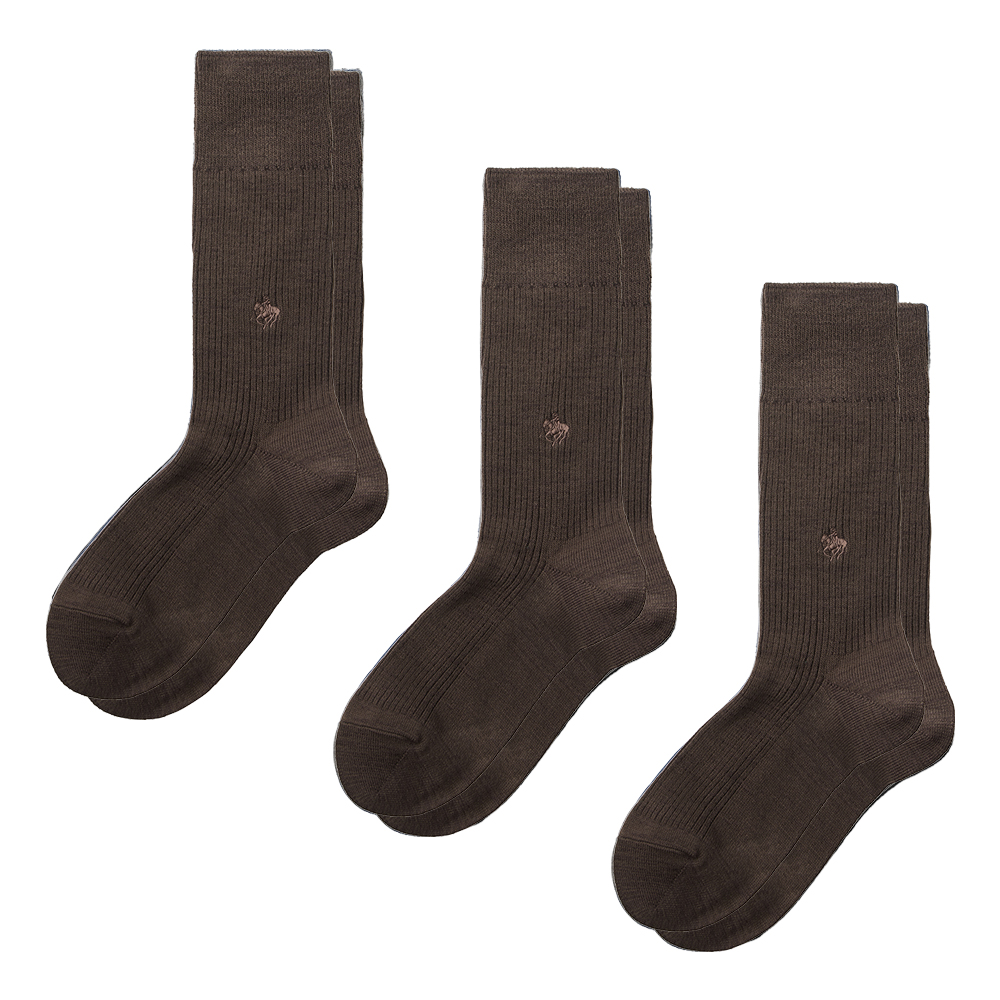 ネット限定3足セット【ウール混】ソックス クルー丈 リブ柄 PL0476 ダークブラウン