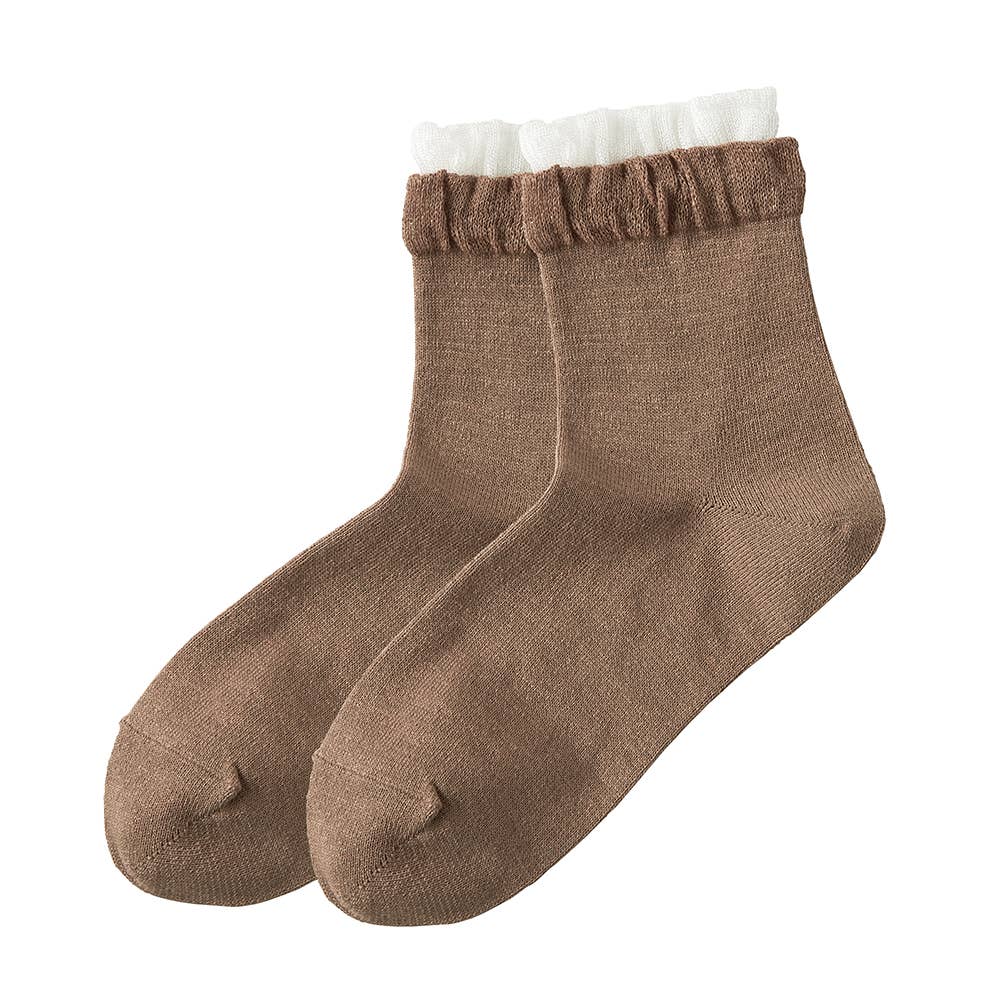 【和紙】 クルー丈ソックス(履き口フリル)【SALE】【くつしたの日対象】 SQR704 ペイルブラウン