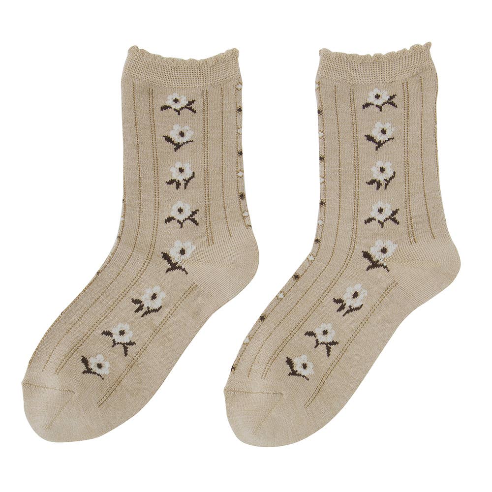 【発熱保温】花柄クルー丈ソックス【SALE】 SQS868 グレーシュベージュ