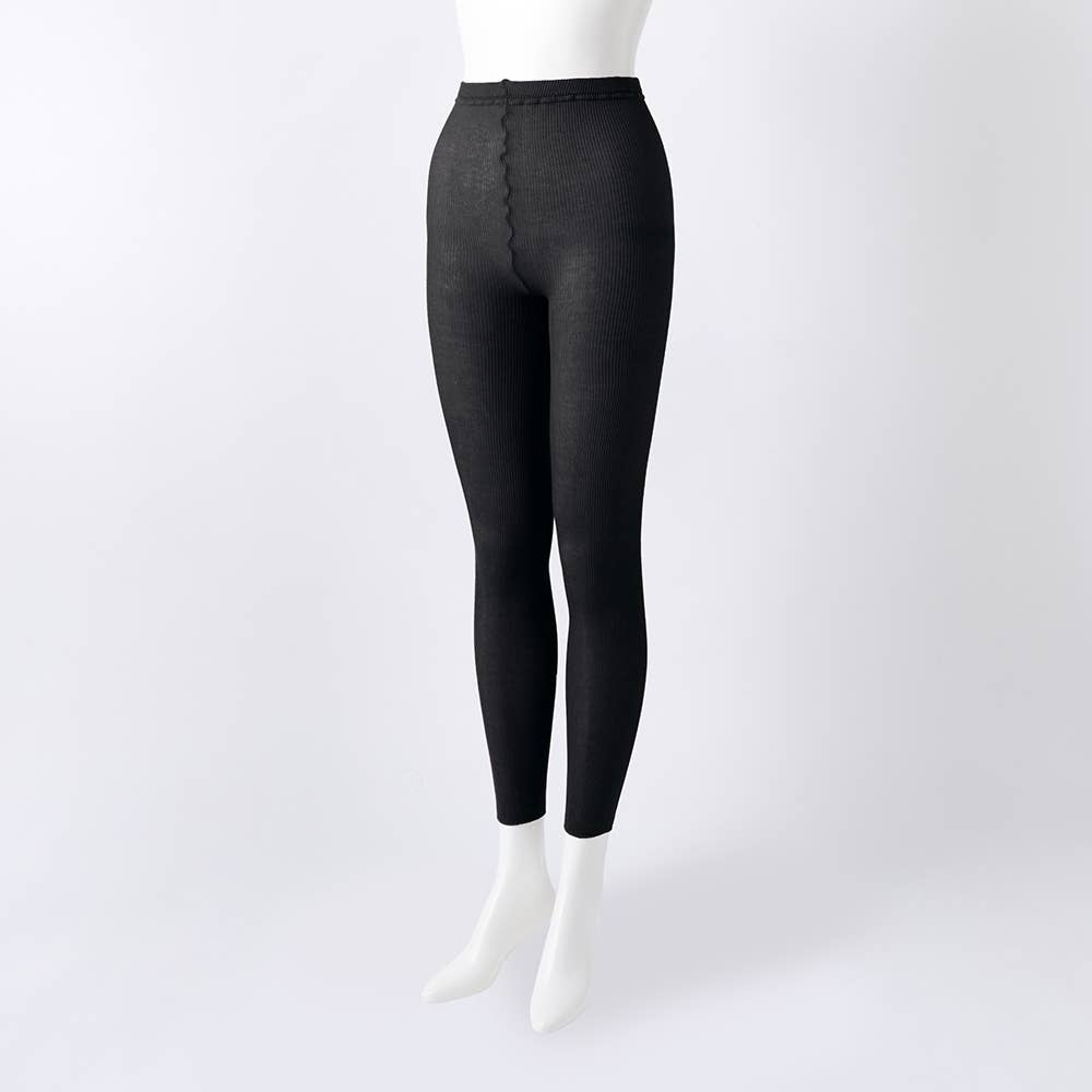【綿高混率】オーガニックコットン 1×1リブ柄レギンス 10分丈 ZGTL01 ブラック