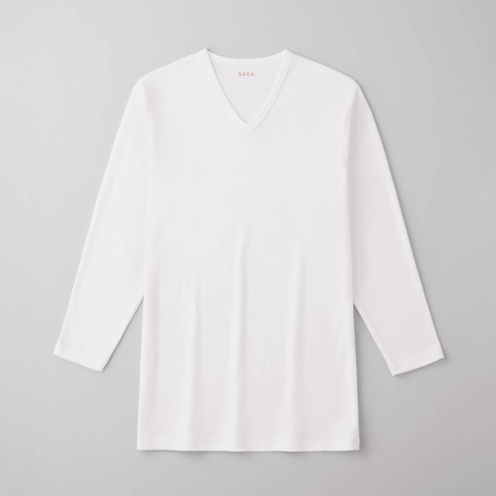 【綿100%/発熱】Ｖネックセミロングスリーブシャツ（V首） EAC111 ホワイト
