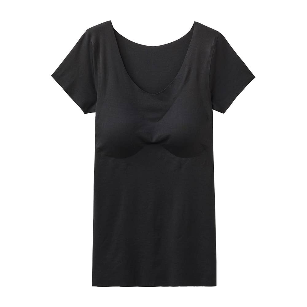 【完全無縫製COOL(ひんやり軽い)】カップ付き2分袖インナー KL7260R ブラック