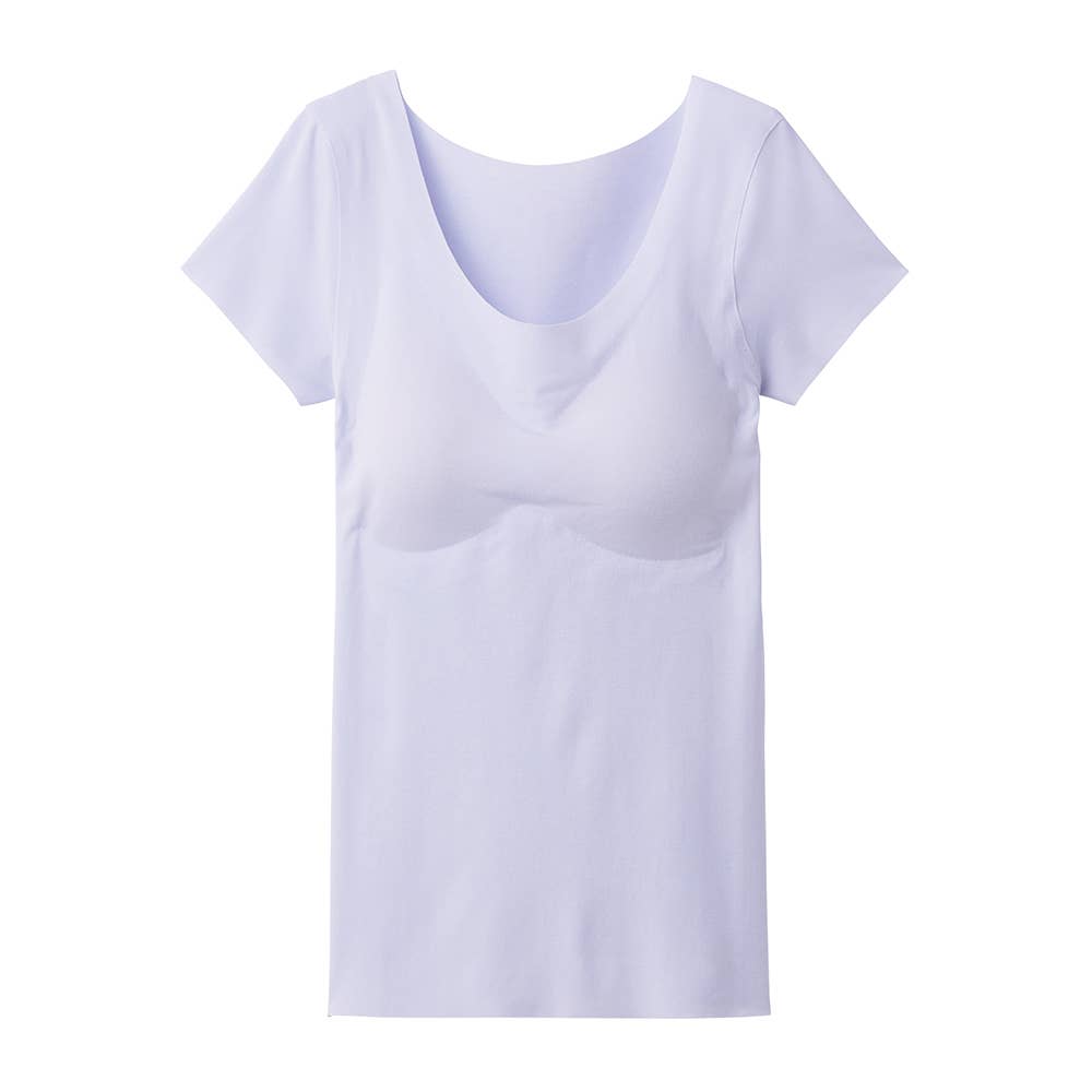 【完全無縫製COOL(ひんやり軽のび綿混)】カップ付き2分袖インナー KL7660A パールサックス