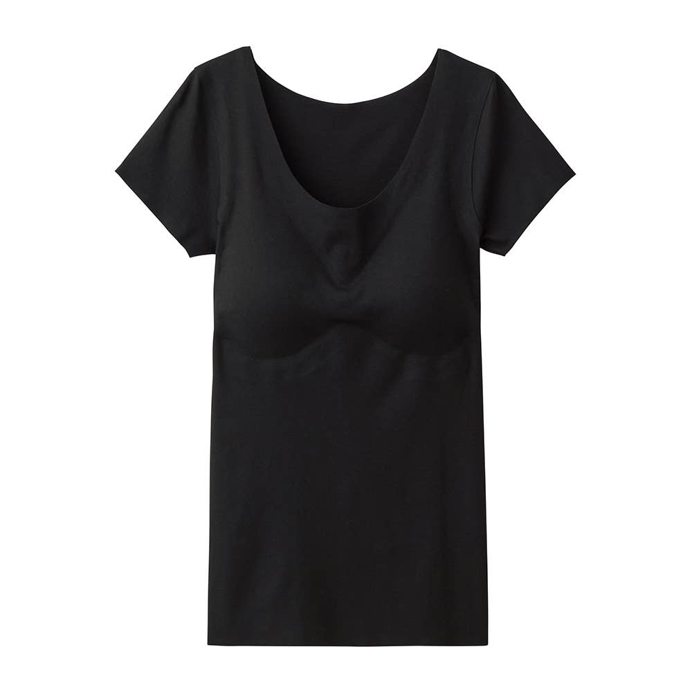 【完全無縫製COOL(ひんやり軽のび綿混)】カップ付き2分袖インナー KL7660A ブラック