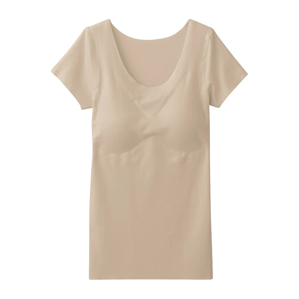 【完全無縫製COOL(ひんやり軽のび綿混)】カップ付き2分袖インナー KL7660A ノーブルベージュ