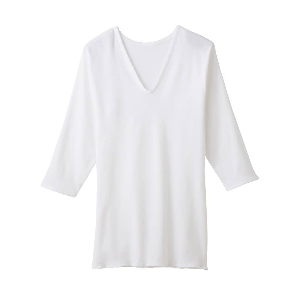 ゆったり 綿100% レース付き Vネック 7分袖インナー(まとめ買い)(まとめ買い) KW5046 ホワイト