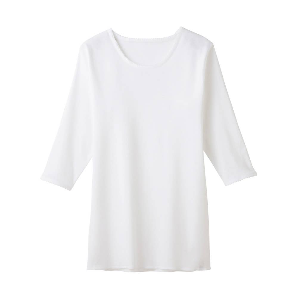 ゆったり 綿100% レース付き 丸首 7分袖インナー(まとめ買い)(まとめ買い) KW5047 ホワイト