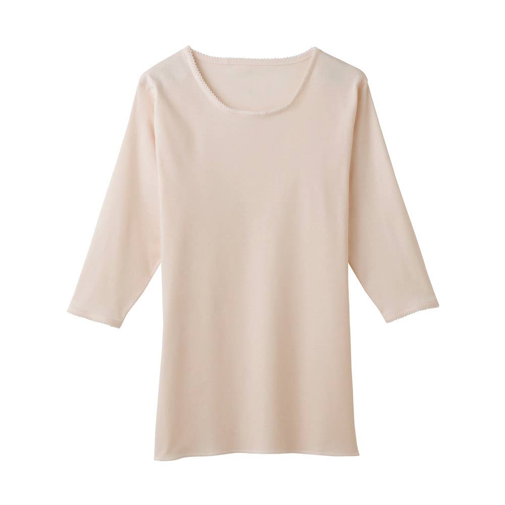 ゆったり 綿100% レース付き 丸首 7分袖インナー(まとめ買い)(まとめ買い) KW5047 カームベージュ
