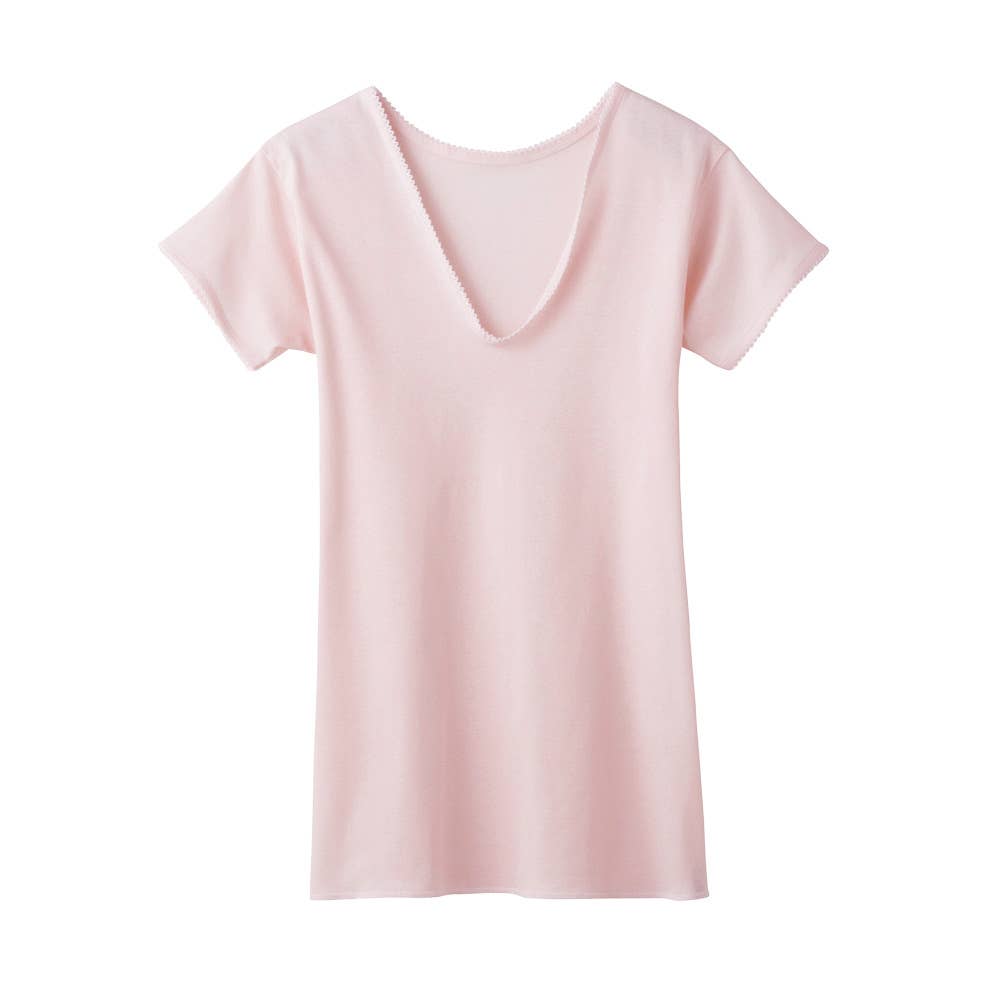 ゆったり 綿100% レース付き Vネック 3分袖インナー(まとめ買い)(まとめ買い) KW5050 ライトピンク