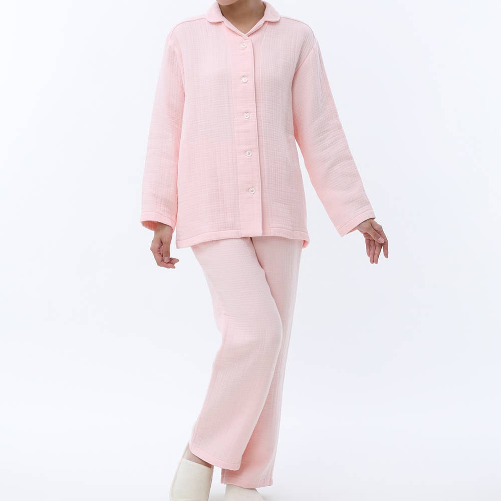 ワッフルインガーゼ　パジャマ　長袖長パンツ【送料無料】 GL4881 ピンク